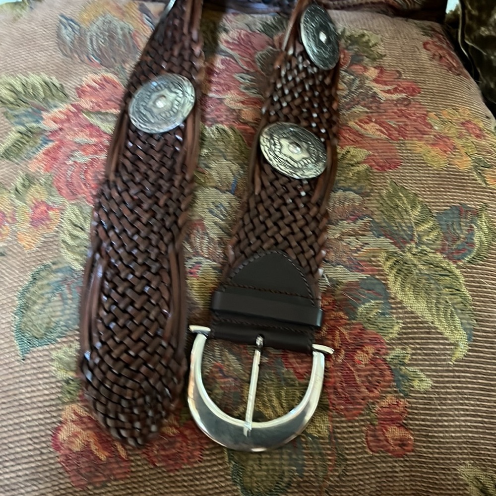 Richard Gampel Brown leather braided belt- silver. adjustable for any size